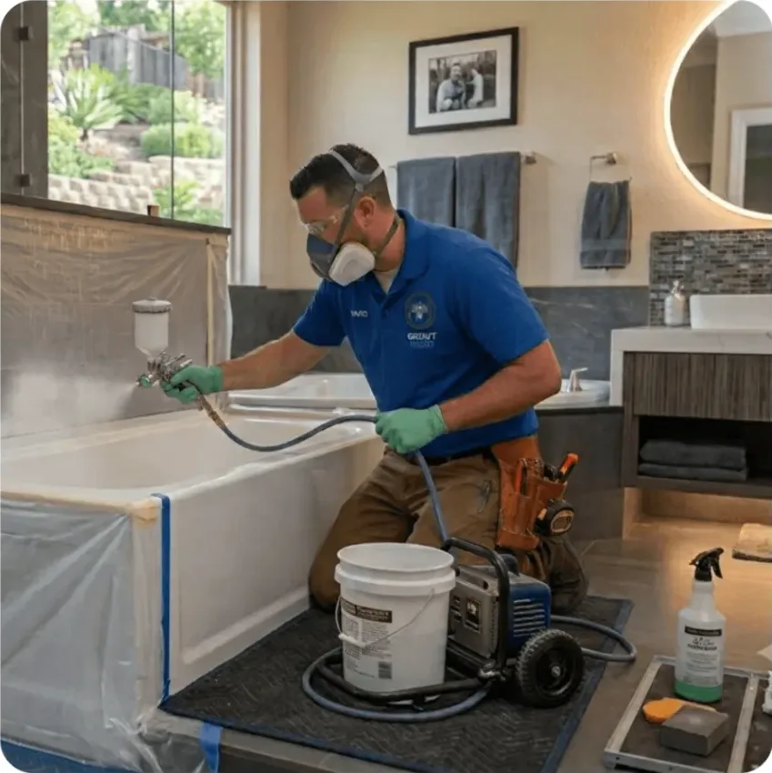 Technician in a blue polo shirt and khaki pants resurfacing a bathtub with a spray gun