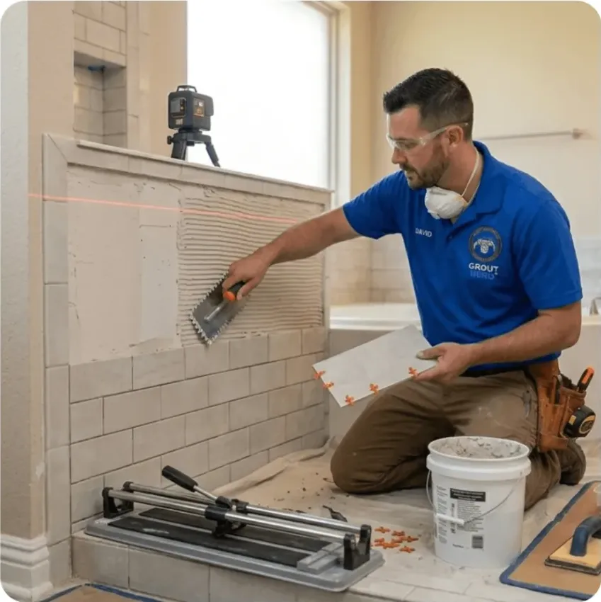 Technician in a blue polo shirt and khaki pants installing wall tile with a notched trowel