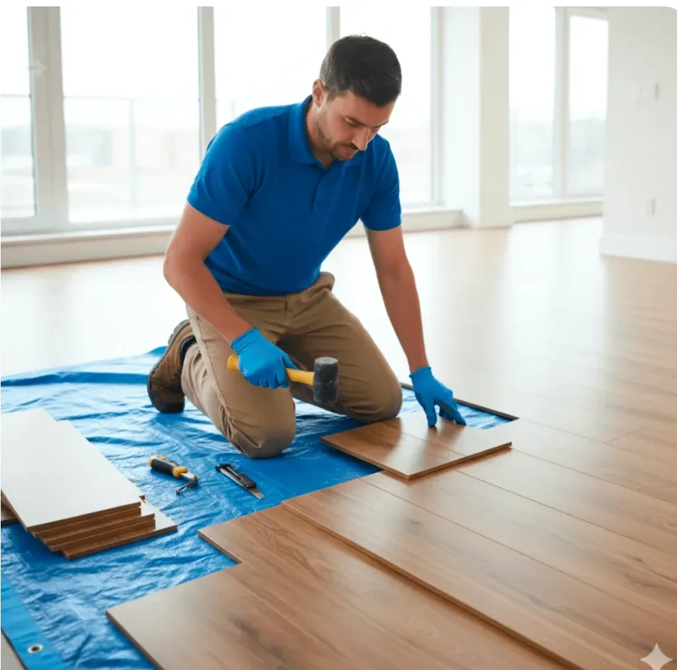 Technician in a blue polo shirt and khaki pants installing wood-look flooring in a sunlit room