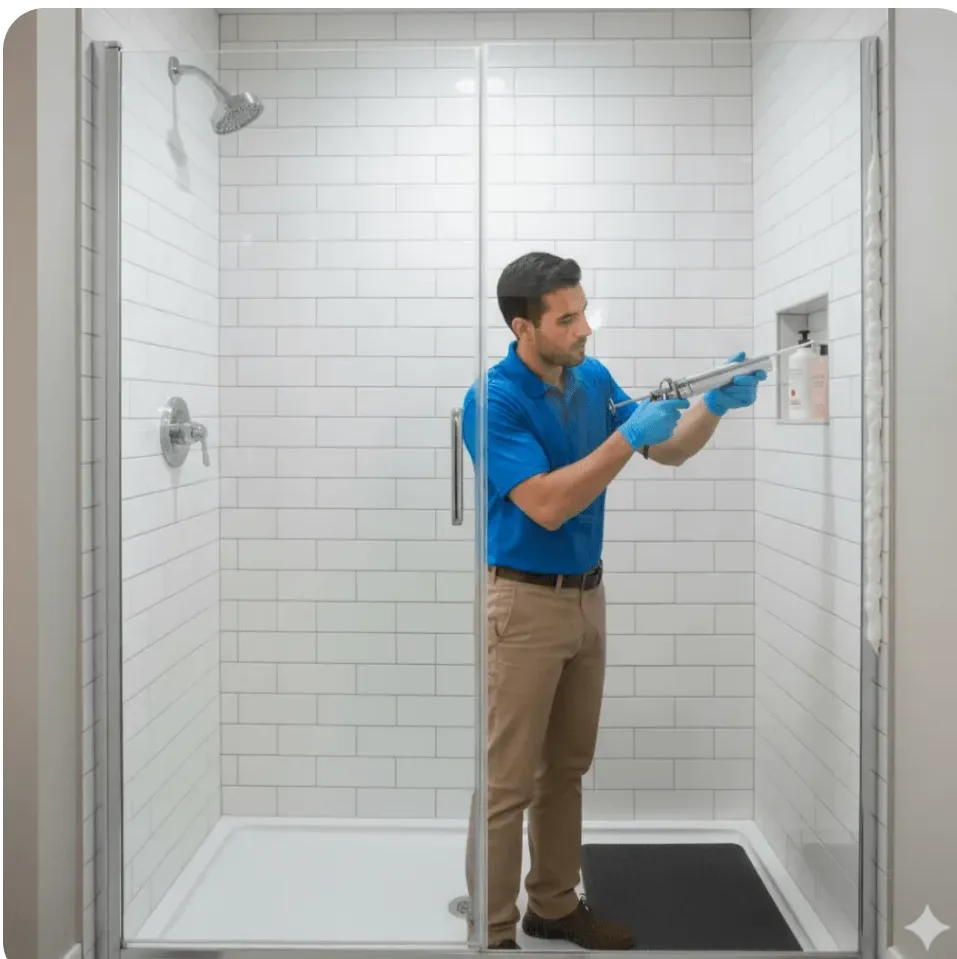 Technician in a blue polo shirt and khaki pants replacing sealant inside a bright tiled shower