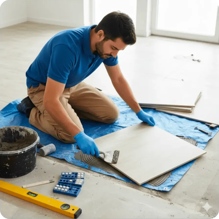 Technician in a blue polo shirt and khaki pants setting a large floor tile during a repair