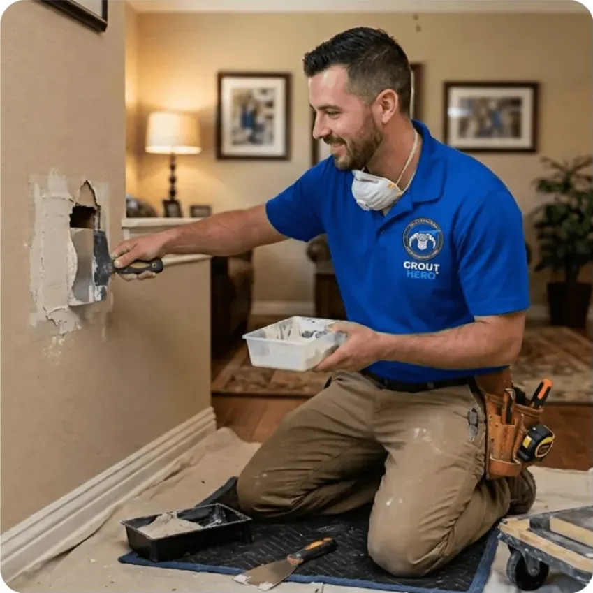 Technician in a blue polo shirt and khaki pants patching a damaged wall surface with a taping knife
