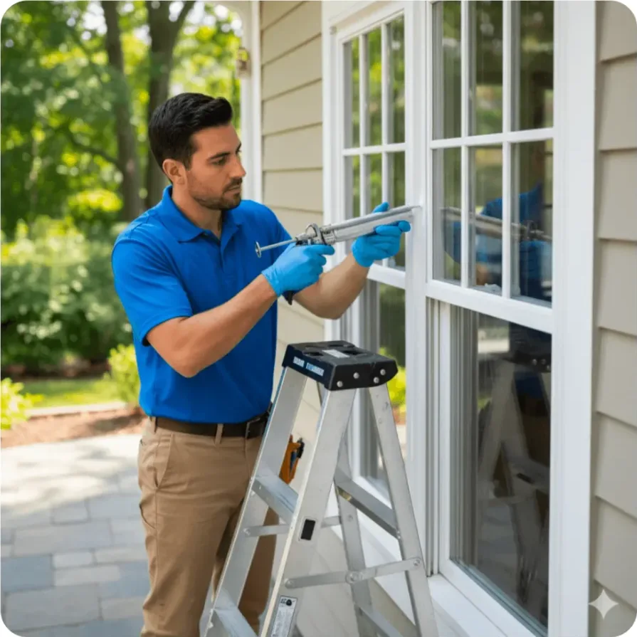 Technician in a blue polo shirt and khaki pants applying fresh caulk around an exterior window